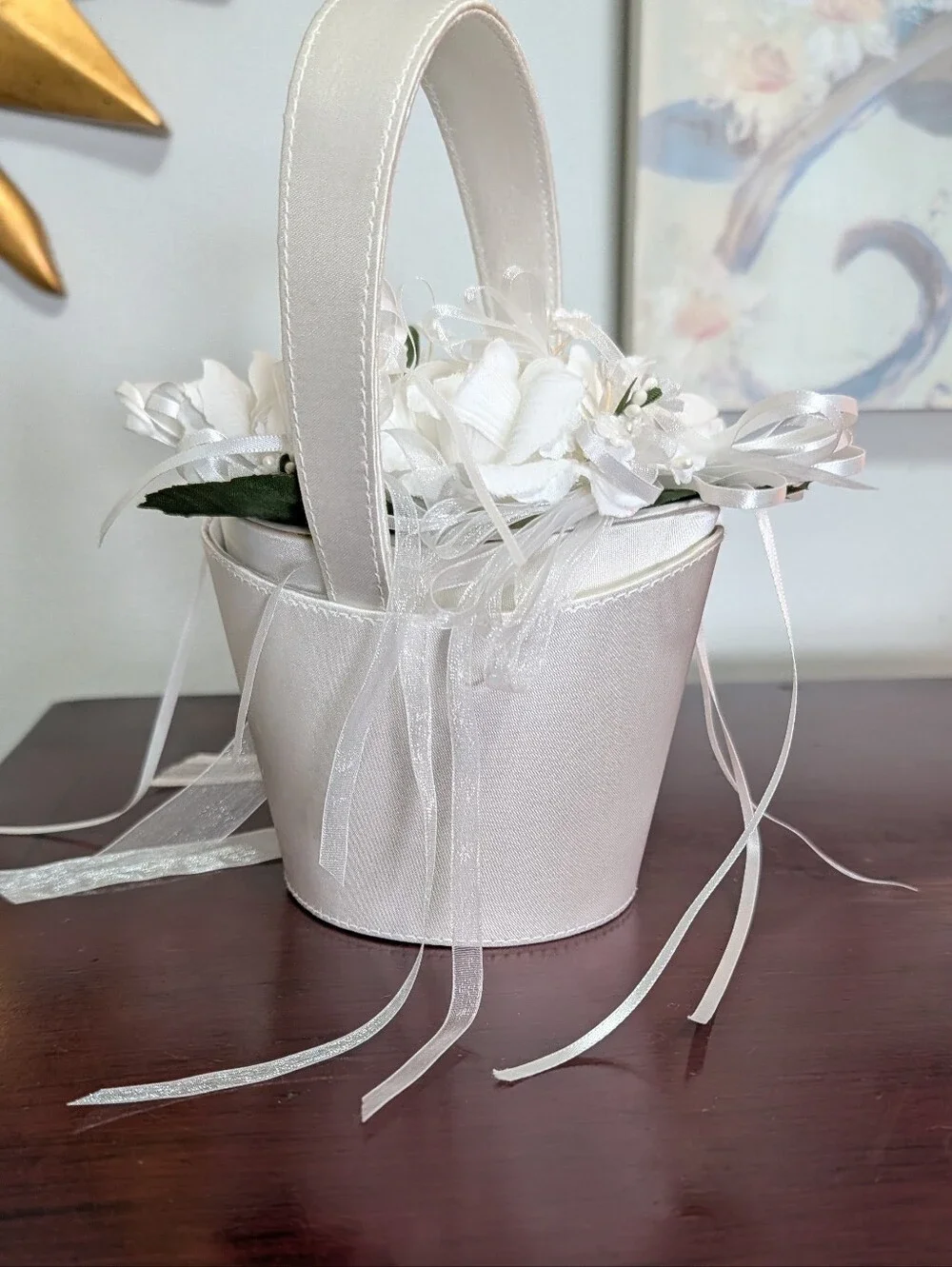 Flower Girl Bridal Basket Silky Rose Ribbons Two Piece Zipper Satin By Sasha NY
